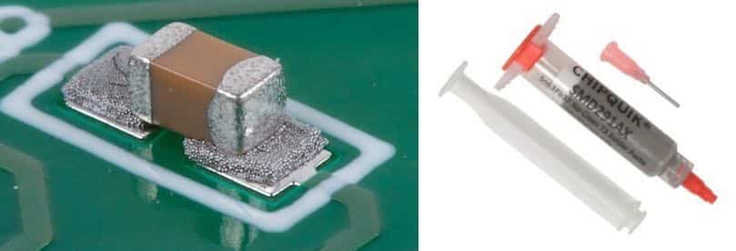 Solder paste in a syringe dispenser, and an SMD component.