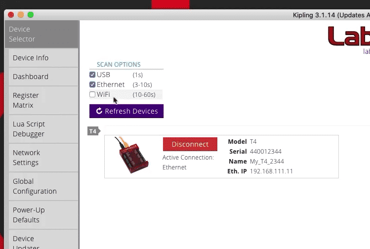 Kipling detected my LabJack T4 connected to my Ethernet network without any issues