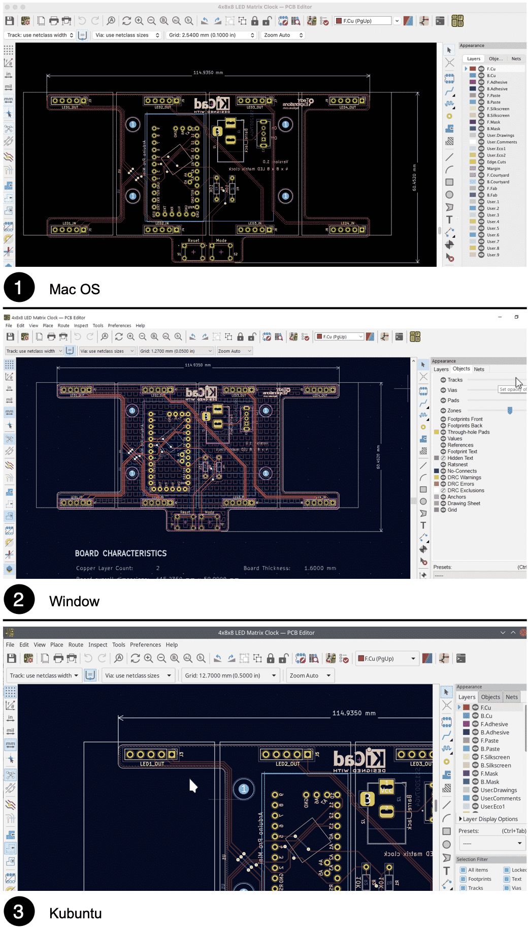 Figure 2.7.3: Pcbnew in the three OSs.